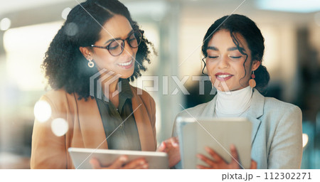 Business, smile and women with a tablet, internet and email notification with social media, typing and productivity. Happy people, consultant and manager with tech, website info and search internet Business, smile and women with a tablet, internet and email notification with social media, typing and productivity. Happy people, consultant and manager with tech, website info and search internet 112302271