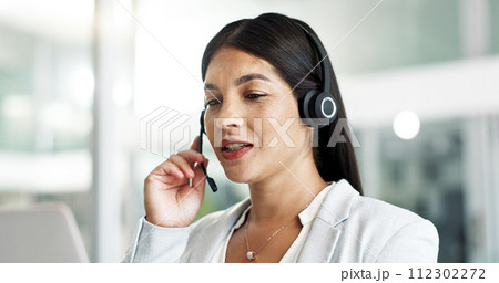 Woman consultant, call center communication and computer for customer service, support or advice in office. Philippines advisor or business agent speaking for contact us, FAQ or e commerce on laptop 112302272