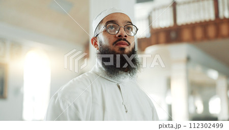 Man, thinking and mosque for islam religion, spirituality or Ramadan in holy temple for prayer to God. Muslim person for belief or culture, Eid Mubarak or praise with hope, travel and faith in Allah Man, thinking and mosque for islam religion, spirituality or Ramadan in holy temple for prayer to God. Muslim person for belief or culture, Eid Mubarak or praise with hope, travel and faith in Allah 112302499