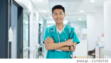 Medical, face and asian man or doctor with stethoscope for wellness, trust and service in hospital or clinic. Portrait, person and expert with happiness for career, cardiology or nursing at workplace 112302516
