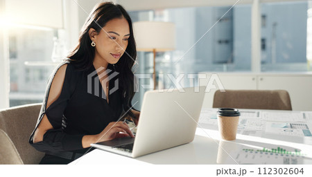 Woman in office with laptop, market research and notes for social media review, business feedback or planning. Thinking, search and businesswoman networking online for startup, website and report. Woman in office with laptop, market research and notes for social media review, business feedback or planning. Thinking, search and businesswoman networking online for startup, website and report. 112302604