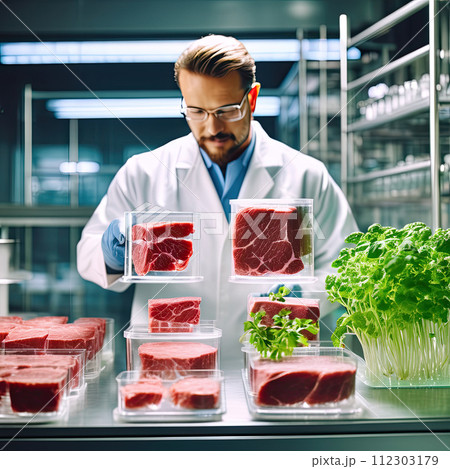 Concept of meat cultured from animal somatic cells. Meat sample in the disposable plastic container in modern laboratory. 112303179