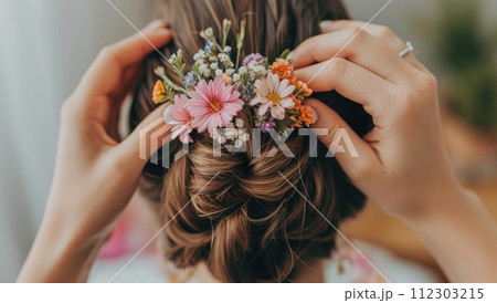 Wedding hairstyle with flowers in the hands of the bride 112303215