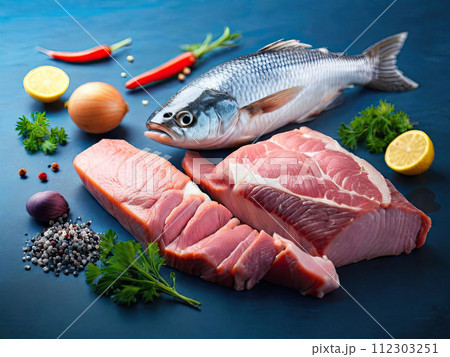 Concept of meat cultured from animal somatic cells. Meat and fish. Concept of meat cultured from animal somatic cells. Meat and fish. 112303251