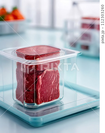 Concept of meat cultured from animal somatic cells. Meat sample in the disposable plastic container in modern laboratory. 112303260