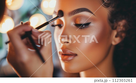 Professional makeup artist applying eyeshadow in salon 112303261