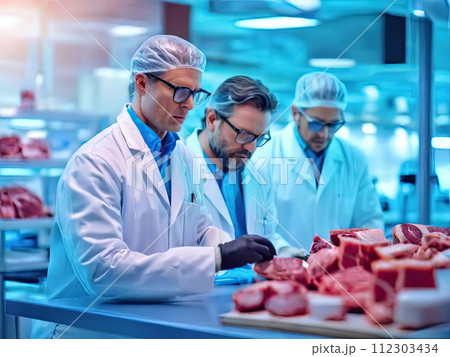 Concept of meat cultured from animal somatic cells. Meat sample in the disposable plastic container in modern laboratory. 112303434