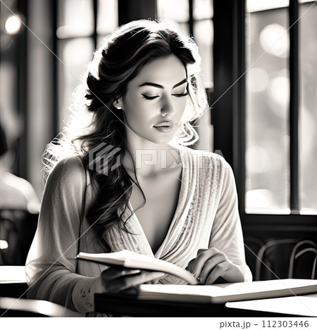 Attractive young woman reading book in a cafe. Attractive young woman reading book in a cafe. 112303446