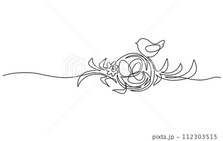 Happy Easter. Hen with Easter eggs. Continuous line drawing. Border frame with hand drawn text. 112303515