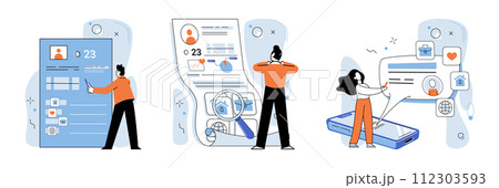 Personal profile. Vector illustration. Personal profiles are integral to building professional network in digital age The personal profile concept emphasizes importance managing ones online reputation Personal profile. Vector illustration. Personal profiles are integral to building professional network in digital age The personal profile concept emphasizes importance managing ones online reputation 112303593
