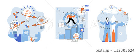 Startup business vector illustration. Creativeness and uniqueness set startups products or services apart from competitors The creation successful startup business requires balance innovation 112303624