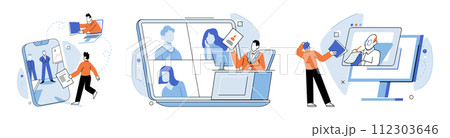 Online video meeting. Vector illustration. Distance is overcome through technology in international online video meetings Education embraces concept online video meetings for remote learning 112303646