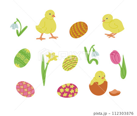Easter collection with flat chicks, eggs and flowers. Spring concept. Sketchy hand drawn elements on white background. Ideal for decoration, stickers, greetings, banner and background Easter collection with flat chicks, eggs and flowers. Spring concept. Sketchy hand drawn elements on white background. Ideal for decoration, stickers, greetings, banner and background 112303876
