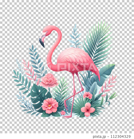 Pink Flamingo bird with tropical plants and flowers 112304329