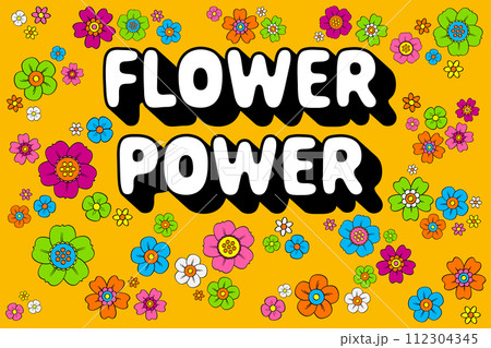 Flower power lettering with block shadow, and numerous colorful hippie flowers, on orange background. Slogan that was used in the 60s and 70s as a symbol of passive resistance and nonviolent ideology. 112304345