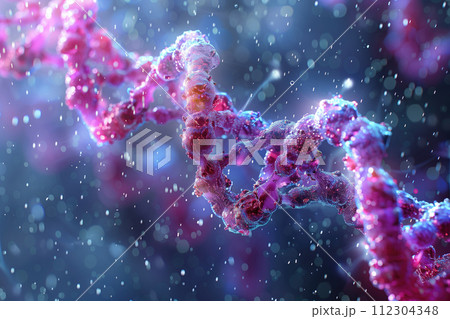 volumetric color illustration of a DNA molecule in liquid, background on the theme of genetics, microbiology, biochemistry 112304348