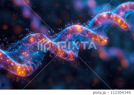 volumetric color illustration of a spiral biological structure in liquid, background on the theme of genetics, microbiology, biochemistry 112304349