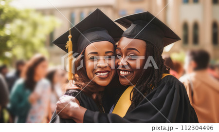 Happy dark-skinned, black, African-American mother hugging her student daughter in a cap, graduate cap near an educational institution. Happy dark-skinned, black, African-American mother hugging her student daughter in a cap, graduate cap near an educational institution. 112304496
