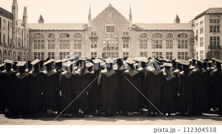 A large group of graduates in hats with their classmates are standing near an educational institution, black and white, old. A large group of graduates in hats with their classmates are standing near an educational institution, black and white, old. 112304518