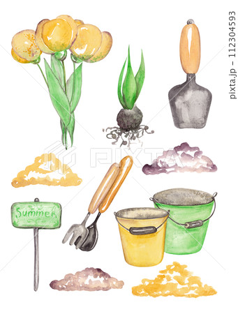 Clip-art of gardener and cleaning. Spring break at the dacha. Isolated watercolor illustrations 112304593