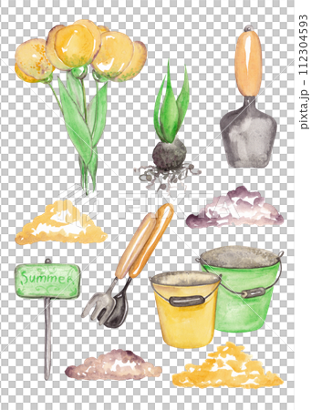 Clip-art of gardener and cleaning. Spring break at the dacha. Isolated watercolor illustrations 112304593