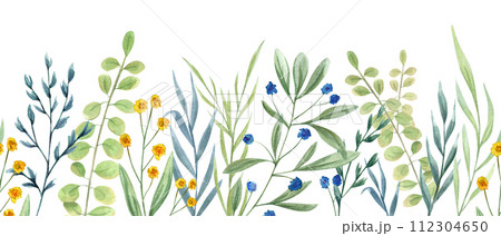 Meadow abstract herbs. Green plants. Blue, yellow flowers. Seamless border of wildflowers. Spring, summer greenery. Watercolor illustration. Banner for wedding textile, package 112304650