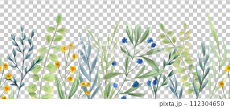 Meadow abstract herbs. Green plants. Blue, yellow flowers. Seamless border of wildflowers. Spring, summer greenery. Watercolor illustration. Banner for wedding textile, package 112304650