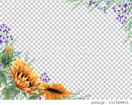 Horizontal frame with sunflowers, abstract meadow plants. Blue, purple, orange yellow flowers. Floral composition with copy space for text. Watercolor illustration for greetings, invitation 112304651