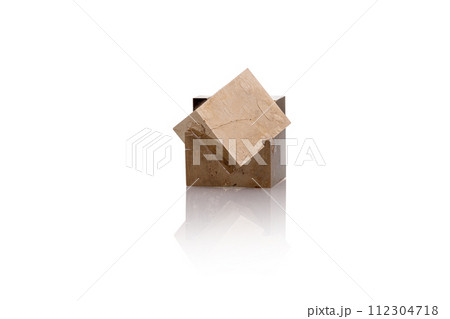Pyrite isolated single shiny mineral stone, fool's gold, cubic gems, on white and transparent background 112304718
