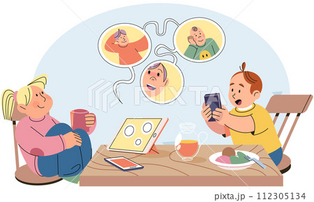 Gadget addiction. Vector illustration. Online platforms and social media apps contribute to growing problem gadget addiction The use smartphones has transformed way we communicate and interact Gadget addiction. Vector illustration. Online platforms and social media apps contribute to growing problem gadget addiction The use smartphones has transformed way we communicate and interact 112305134