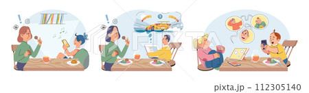 Gadget addiction. Vector illustration. Excessive device usage can lead to range physical and mental health problems Smartphones have become central part our daily habits and routines The internet Gadget addiction. Vector illustration. Excessive device usage can lead to range physical and mental health problems Smartphones have become central part our daily habits and routines The internet 112305140