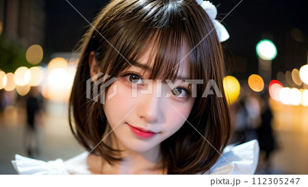 メイド服姿で優しく微笑むミディアムヘアの女性「AI生成画像」 112305247