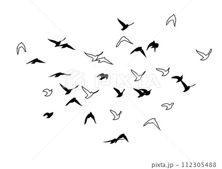 Flying birds silhouette flock. hand drawing. Not AI, Vector illustration Flying birds silhouette flock. hand drawing. Not AI, Vector illustration 112305488