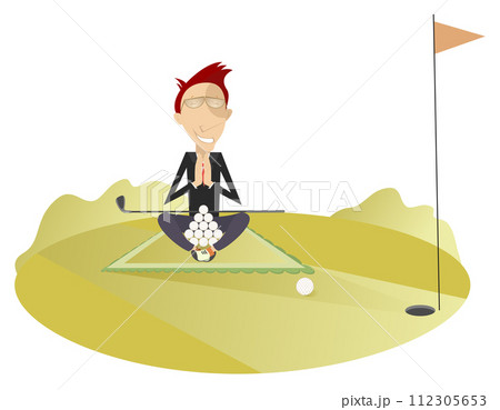 Young man sitting on the golf course. Funny young man with a golf club and many balls meditates on the golf course 112305653