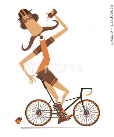 Cyclist rides a bike and drinks water illustration. Cartoon long mustache man in helmet rides a bike and drinks beverage isolated on white background 112305655