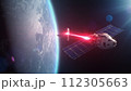 Satellite attacking another satellite with laser weapon in space on Earth planet orbit 112305663