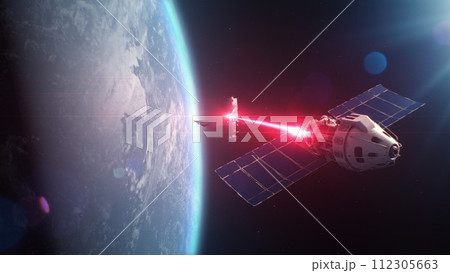 Satellite attacking another satellite with laser weapon in space on Earth planet orbit Satellite attacking another satellite with laser weapon in space on Earth planet orbit 112305663