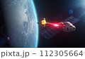 Satellite attacking another satellite with laser weapon in space on Earth planet orbit 112305664