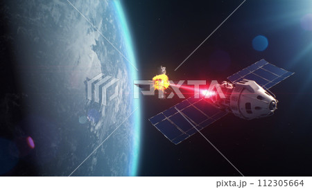 Satellite attacking another satellite with laser weapon in space on Earth planet orbit 112305664