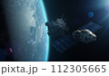 Satellite attacking another satellite with laser weapon in space on Earth planet orbit 112305665