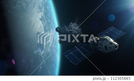Satellite attacking another satellite with laser weapon in space on Earth planet orbit Satellite attacking another satellite with laser weapon in space on Earth planet orbit 112305665