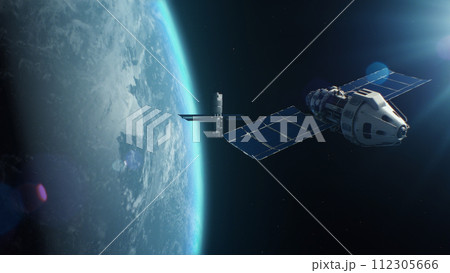Satellite attacking another satellite with laser weapon in space on Earth planet orbit Satellite attacking another satellite with laser weapon in space on Earth planet orbit 112305666