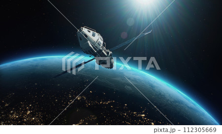 3D animation of satellite attacking space object with laser weapon 112305669