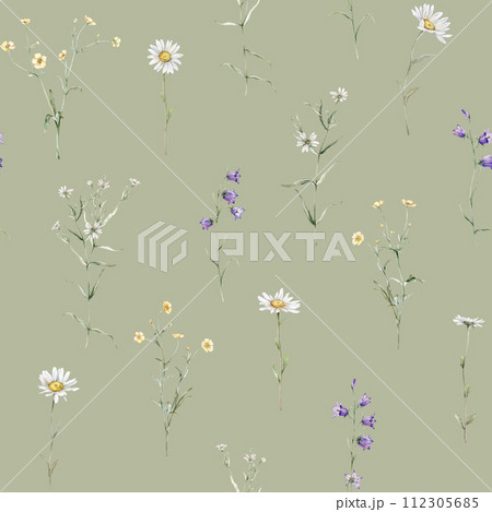 Seamless pattern watercolor meadow flower with white chamomile and violet bluebell. Repeat wallpaper forest flower yellow ranunculus. Hand drawn illustration on isolated background. 112305685