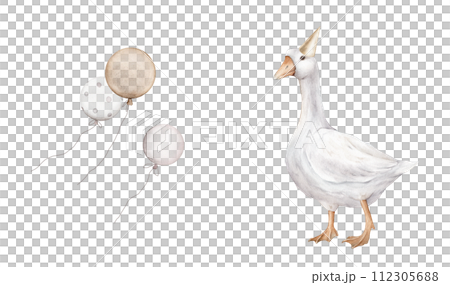 Watercolor goose and balloon for birthday pastel golden and beige color. Hand drawing illustration on isolated background. For design holidays pastel colors. 112305688