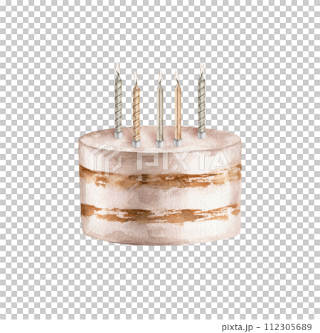 Sweets birthday cake with candles. Watercolor light beige illustration of design for holidays or wedding pastel colors. Hand drawn illustration on isolated white background. light color candles. 112305689