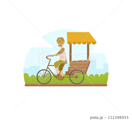 Asian Tricycle Rickshaw Cab, Traditional Indian Taxi Vector Illustration 112306055