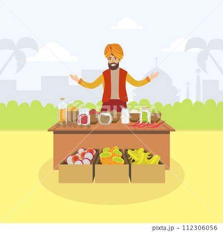 Indian Man Selling Spices and Fruits at Marketplace Vector Illustration 112306056