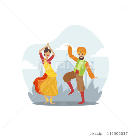 Male and Female Indian Dancers in Traditional Costumes Vector Illustration 112306057
