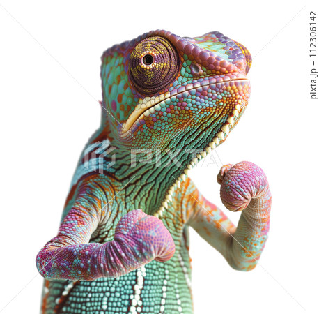 Beautiful Chameleon Standing Ready to Fight with His Fists Up Isolated on a White Background. Beautiful Chameleon Standing Ready to Fight with His Fists Up Isolated on a White Background. 112306142